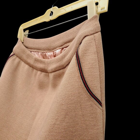 Vintage 60s 70s Wool Double-Knit Camel Skirt M Red Green Trim Pink Lining - Picture 3 of 11